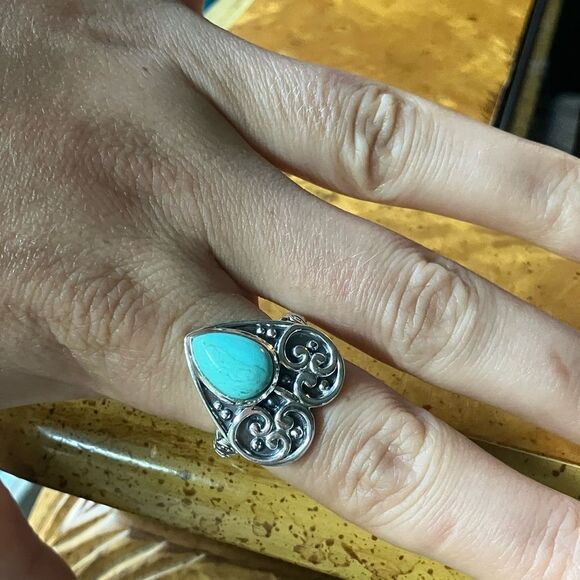 Natural Royston Turquoise Sterling Silver Heart Ring Size 8 - Picture 4 of 9